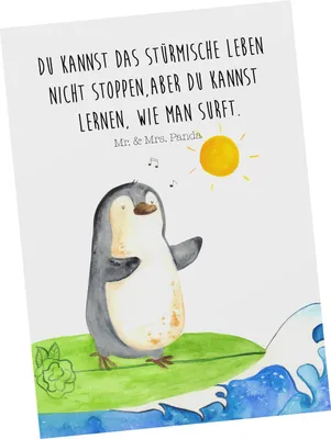 Produktbild von Mr. & Mrs. Panda Postkarte Pinguin Surfer - Weiß - Geschenk, Wellen, Ansichtskarte, Einladung, Urlaub, Hawaii, Dankeskarte, Ansichtskarten, Grußkarte, Wellen reiten