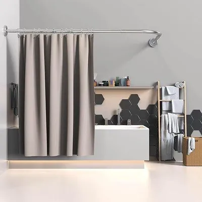 Obrázek produktu pro Sprchové tyče ve tvaru L, rohový držák, vrtání, 90–120 × 90–120 cm, nerezová ocel, sprchové tyče pro vanu, s 24 sprchovými kroužky