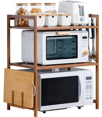 Image de Étagère de cuisine - Étagère pour micro-ondes - Bambou - 2 niveaux - 4 crochets - 55 × 35 × 67 cm XL - Couleur bois naturel