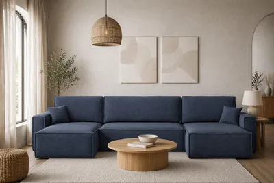 Zdjęcie produktu dla Narożnik z funkcją spania i pojemnikiem na pościel BEST U XL, tkanina Verita Granatowy