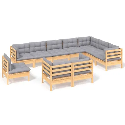Produktbild von 10-tlg. Garten-Lounge-Set mit Grauen Kissen Kiefer Massivholz