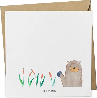Produktbild von Mr. & Mrs. Panda Glückwunschkarte Otter Stein - Weiß - Geschenk, faltkarte, Seeotter See, Grüßen, Grußkarte, Neugierig, anlasskarte, Klappkarte, Pflanzen, doppelkarte