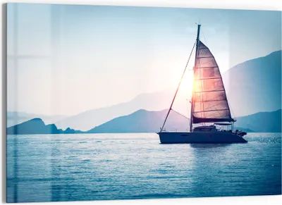 Produktbild von DEQORI Glasbild Echtglas 90x60 cm 'Segelboot in Abendsonne' Wandbild Bild modern Deko