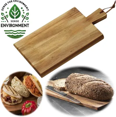 Produktbild von LS-LebenStil Holz Frühstücksbrett Schneidebrett 45cm lang Akazie Tranchierbrett mit Griff Servierbrett Brotzeitbrett Vesperbrett Küchenbrett