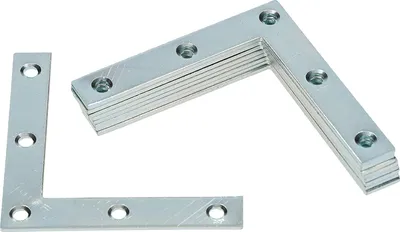 A stack of L-shaped metal brackets and one separate bracket on a white background.