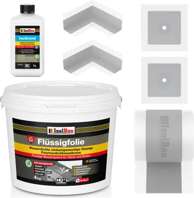 Produktbild von Isolbau Dicht-Set - Inkl. 1x Flüssigfolie (4 kg), 1x Grundierlösung (1 L), 1x Dichtband (5 m), 2x Innenecken & 2x Manschetten