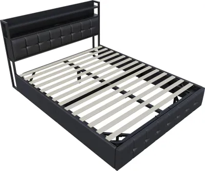 Produktbild von Polsterbett - Doppelbett 160x200 cm - Hydraulischer Bettkasten - Kopfteil mit Stauraum & USB‑C - LED-Beleuchtung - Kunstleder
