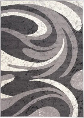 A close-up view of a modern rug with abstract swirling patterns in shades of gray and cream.