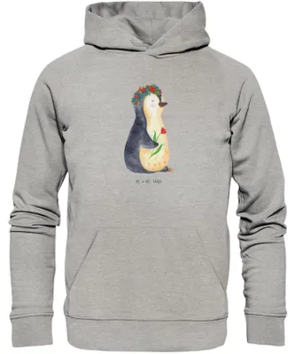 Produktbild von Mr. & Mrs. Panda Kuschelhoodie Pinguin Blumen Größe L - Heather Grey - Geschenk, Kapuzenpulli, Pulli mit Kapuze, Pinguine, Kapuzenpullover, Pullover, Wunderschön, Hoodie