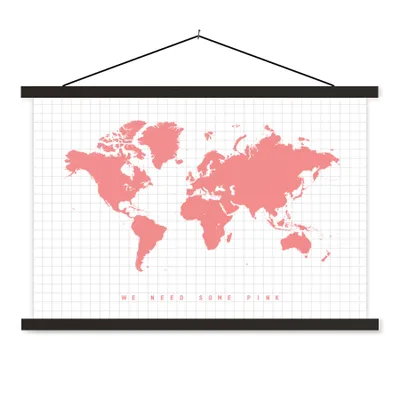 Obrázok produktu pre MuchoWow® Textilný plagát - Mapa sveta - Ružová - Citát - Deti - Chlapci - Dievčatá - 120x80cm - S čiernymi lamelami