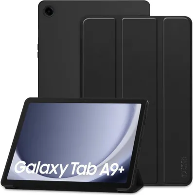 A black tablet case and tablet are displayed.