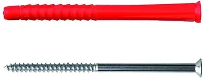 A red wall plug and a silver screw are shown against a white background.