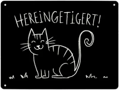 Produktbild von Hereingetigert! Metallschild XL in 21x28 cm mit lächelnder Katze