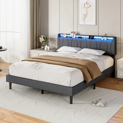 Image de Lit rembourré 140x200 cm avec éclairage LED, 2 ports USB et 1 port USB-C, sommier à lattes, tête de lit rembourrée, tissu en lin gris, hauteur sous lit de 18 cm, sans matelas