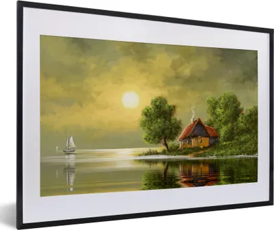Produktbild von MuchoWow® Gerahmtes Poster Gemälde - Ölfarbe - Haus - Natur - Wasser 60x40 cm - Poster mit Schwarzem Bilderrahmen Wandposter Rahmen Foto Bilder - Schlafzimmer - Plakat in Rahmen - Drucken