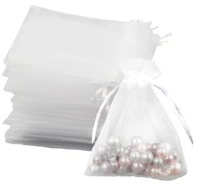 Productafbeelding van 100 Stuks Organza Geschenksäckjes 7 x 9 cm - Witte Kordelzakjes voor Cadeaus