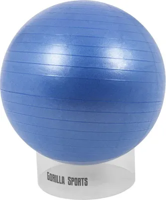 A blue exercise ball is displayed on a clear plastic stand with the brand name visible.