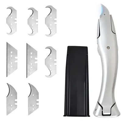 Immagine prodotto di Set di coltelli per tappeti con 8 lame di ricambio, lama a uncino, lama a forma di trapezio, per tagliare pavimenti in alluminio e PVC