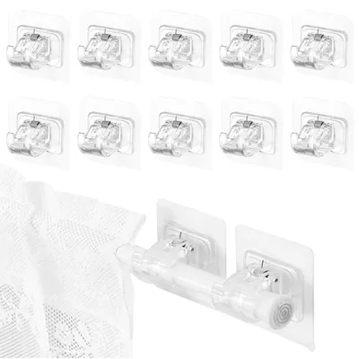 Produktbild von 10 Haken, bohrfreie Gardinenstangenhalterungen, selbstklebende Gardinenstangenhaken, geeignet für Badezimmer und Küchen.
