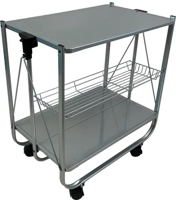 A silver folding serving cart with three shelves and wheels, shown against a white background.