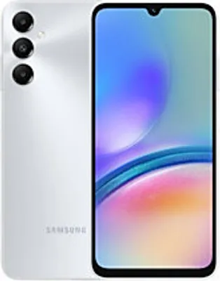 A white Samsung Galaxy A05s smartphone is shown from the back and front.
