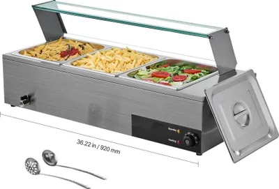 Obrázok produktu pre Komerčný ohrievač jedál (3 x 1/2 veľkosti) 1,5 kW - elektrický ohrievač z nehrdzavejúcej ocele so skleneným krytom a naberačkou na polievku, ohrievače pre reštaurácie a cateringové večierky - nádoby na udržiavanie teplého jedla