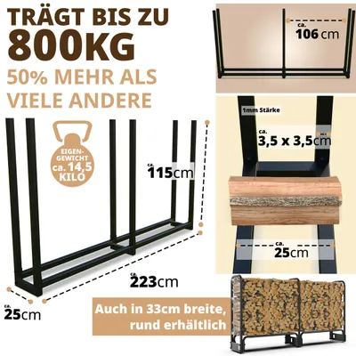 Image de Support pour bois de chauffage, noir, en métal - 223 x 25 x 115 cm - Capacité de charge : 800 kg - Rangement extérieur pour bois