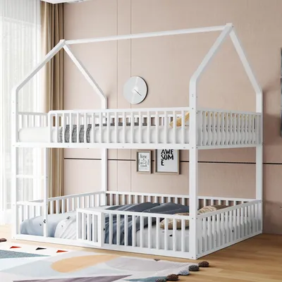 A white bunk bed with a house-shaped frame, set up in a room with a pink wall and curtains.