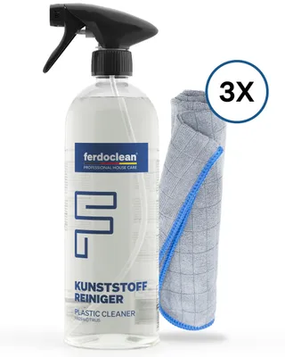 Produktbild von FERDOCLEAN Kunststoffreiniger 750 ml +  3 x Premium Mikorfasertuch 380GSM 40 x 40 cm blauer Rand - Fensterrahmen Gartenmöbel - Küchenfronten Reiniger