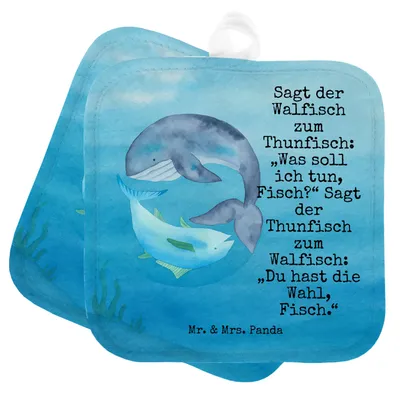 Produktbild von Mr. & Mrs. Panda Topflappen Walfisch Thunfisch Design - Weiß - Geschenk, Set, 2er, Wahl, Lustige Sprüche, topfhalter, Witz, Spruch Des Tages, Lustig, Flachwitz, Wal