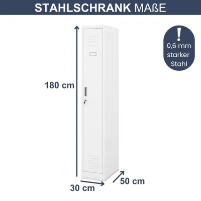 Produktbild von Umkleideschrank Spind KACPER 1 Abteil Etikettenhalter Lüftungsschlitze | Umkleidespind Metall Schließfachschrank Garderobenspind 180x30x50cm Weiß