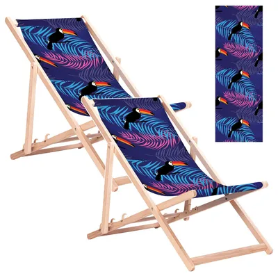 Imagen del producto de 2 sillas reclinables clásicas de madera de haya, modelo GreenBlue GB183, con estampado de tucán