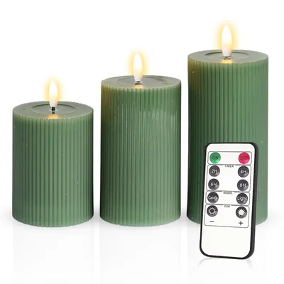 Produktbild von Meisterhome® 3er-Set Flammenlose LED Kerzen Ribble mit Timer Grün Stumpenkerze Fernbedienung Batteriebetrieben Warmweiß echten Wachs Dekoration