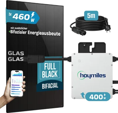 Produktbild von SUNNIVA® 460W Balkonkraftwerk BIFAZIAL FULLBLACK komplett Steckdose HOYMILES 400 Watt Wechselrichter, Komplettset 1x 460W PV Solaranlage Solarmodule