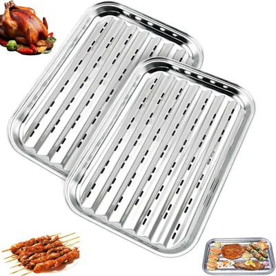 Produktbild von Set mit 2 wiederverwendbaren Edelstahl-Grillkörben/Grillblechen mit Löchern für das Grillen im Freien, Grillzubehör für Gemüse, Fisch oder Fleisch