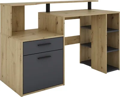 A modern desk with a wood-grain finish and dark gray drawers and shelves, shown against a white background.