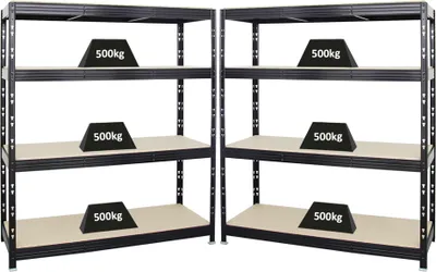Zdjęcie produktu dla Mega Deal | 2x profesjonalne regały do dużych obciążeń Rhino | wys. x szer. x gł. 180x160x60 cm | 4 poziomy z płyty wiórowej 16 mm | obciążenie półki 500 kg | czarny