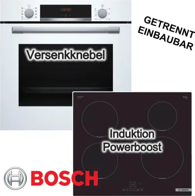 Produktbild von Herdset BOSCH Backofen weiß autark 3D Heißluft 71L Hydrolyse + Induktionskochfeld PowerBoost