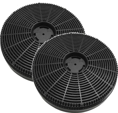 Two black circular carbon filters for a kitchen hood, shown from a diagonal angle against a white background.