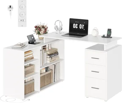 Imagen del producto de Escritorio de esquina con espacio de almacenamiento - Escritorio en forma de L - Organización para trabajar desde casa - Estanterías ajustables - 129 x 104 cm - Blanco