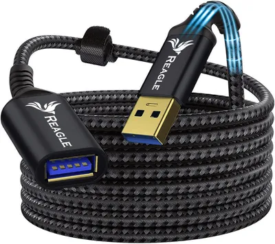 A coiled black USB extension cable with blue accents and a gold-plated USB-A connector.