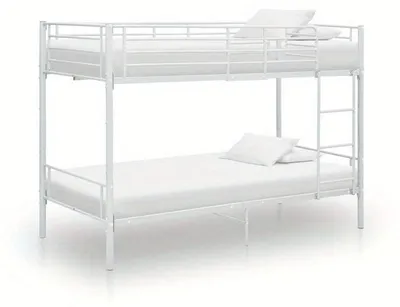 Obrázek produktu pro Dvoupatrová postel 90x200 cm – Úsporné řešení pro malé prostory, bílý kovový rám s bezpečnostní zábranou a žebříkem
