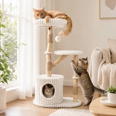 Image de Arbre à gratter pour chat COSTWAY en bois naturel avec cachette, 105 cm, comprenant des poteaux à gratter en jute, un coussin amovible, une balle de jeu et une structure d'escalade, idéal pour les chats