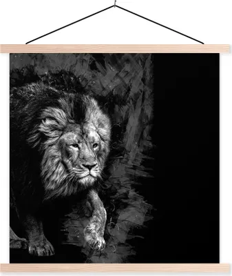 Produktbild von MuchoWow® Textilposter Löwe - Tiere - Schwarz - Weiß 60x60 cm mit holzfarbenen Rahmen - Wanddekoration