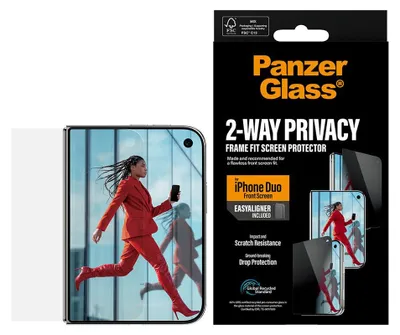 Immagine prodotto di Protezione per lo schermo anteriore iPhone Duo PanzerGlass® Privacy | Design FRAME FIT con sistema di allineamento EasyAligner, Apple, Apple - iPhone Duo, Applicazione a secco, Trasparente, 1 pezzo
