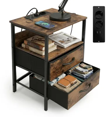 Produktbild von Relaxdays Beistelltisch mit Steckdosen, USB-Anschluss, 2 Schubladen, HxBxT: 60 x 40 x 30 cm, Nachttisch, braun/schwarz