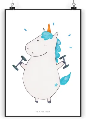 Produktbild von Mr. & Mrs. Panda Bild Einhorn Fitness DIN A4 - Weiß - Geschenk, kunstdruck poster, drucke, Plakat, Abnehmen, Wandbild, Einhörner, Unicorn, Gym, Diät, Fitnessstudio