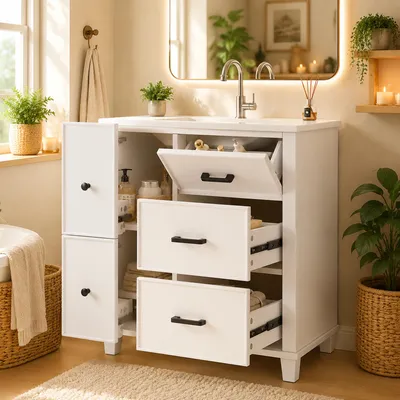 Produktbild von Flieks freistehendes Waschbecken mit seitliche Auszugsschublade, integriertes Keramikbecken, Badezimmerschrank, Waschtisch 76.5x47x83.5cm, Weiß