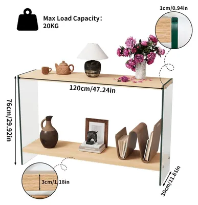 Obrázek produktu pro Moderní konferenční stolek – konzolový stolek 123 – obdélníkový stolek do obývacího pokoje 120x60x45 cm – deska z MDF dřeva – konstrukce z tvrzeného skla – přírodní dřevo a průhledné sklo