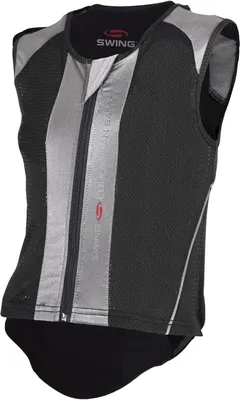 A black and silver protective vest with a zipper down the front.
